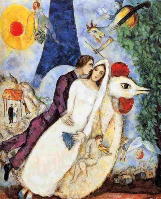 A noiva e noivo da Tour Eiffel, 1938-39. Centro George Pompidou, Paris. Musée National Message Biblique Marc Chagall, Nice, France. (Crédito de imagem: www.marchagall.net) 